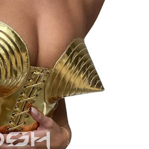 Corset Overbust en PVC métallisé doré brillant à bonnets pointus et à lacets sur le devant - Product Image 6