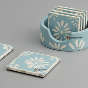 Proveedor indio ofrece posavasos con incrustaciones de hueso azul cielo y blanco hechos a mano con soporte posavasos con patrón Floral - Product Image 5