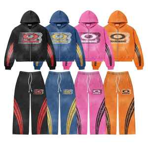 400 Gsm en détresse survêtements ensembles personnalisé Vintage empilé survêtements Flare acide lavage survêtements pantalons de survêtement et à capuche ensemble hommes - Product Image 3