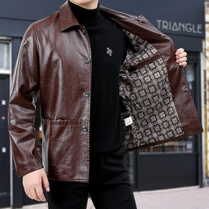 แจ็กเก็ตหนังแกะสีน้ำตาลวินเทจฤดูใบไม้ร่วงสำหรับผู้ชายเสื้อกันลมผ้าใบขนาดใหญ่สไตล์นักขี่มอเตอร์ไซค์ - Product Image 4