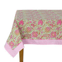 Nappe indienne en coton imprimé bloc floral fait à la main vert pistache et rose pastèque rectangulaire pour mariage ou repas