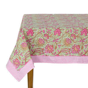 Indian Floral Handmade Block Printed Cotton <b>Tablecloth</b> Pistachio Green and Watermelon Pink Rectangular for Wedding or Dining - Product Image 6