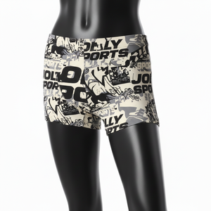 Shorts de sport pour femme en polyester et élasthanne de haute qualité, respirants, extensibles, couleur crème et noir, avec logo sublimé sur toute la surface. - Product Image 4