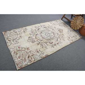 Vintage Turkish Rug 3.6x6.9 ft (110x209 cm), <b>Brown</b> Polka dot <b>Wool</b> Rug - Product Image 2