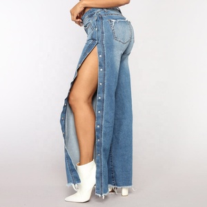 Jeans de Mezclilla de Cintura Alta y Pierna Ancha para Mujer, con Abertura Lateral y Detalle de Botones, Acabado Desgastado, Estilo Casual, Pantalones Largos - Product Image 2