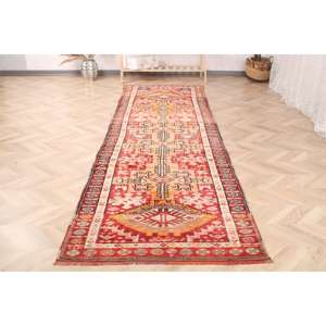 3x10.7 ft Turkish Rug, Vintage <b>Runner</b> Rug, <b>Red</b> Orange Solid Wool Rug - Product Image 2