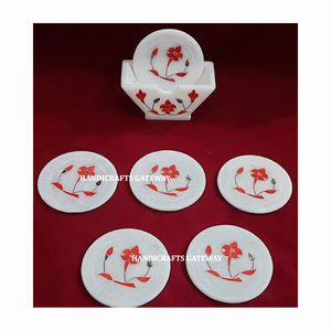 Juego de Posavasos de Mármol Blanco con Diseño de Flores Incrustadas, Acabado Fino y Atractivo, para Decoración y Regalos - Product Image 2