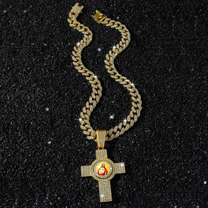 Collier chaîne cubaine de 13 mm de largeur, style tendance 2025, vente chaude, nouveau style, hip-hop, bling, strass, pendentif rotatif, croix pour la mode - Product Image 4