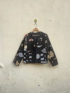 Veste matelassée vintage pêche faite à la main pour femmes coton avec passepoil à rayures Kimono écologique ouvert Style Y2K lavable - Product Image 5