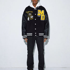 Men's Black PU Slim Varsity Jacket with Satin Lining Stand Collar <b>Covered</b> <b>Button</b> Front Logo Regular Sleeve Casual Winter Wear - Product Image 6