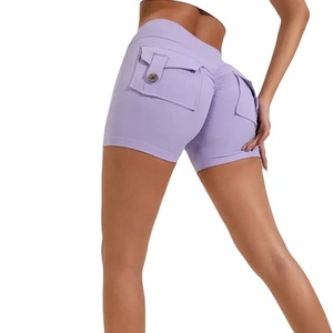 Bermudas de salón para mujer 2025, pantalones cortos largos de entrenamiento atlético Cargo para Yoga con bolsillos, pantalones cortos informales Cargo de Color sólido teñido - Product Image 3