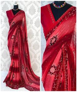 Vestido con volantes de trabajo manual con piedra bordada de tendencia, atuendo elegante para momentos especiales, aspecto rico, cuadros, vestido geométrico Floral Kurta - Product Image 6