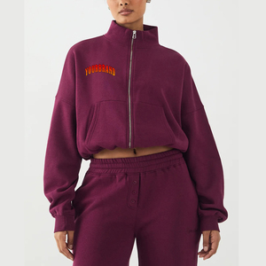 ODM personnalisé 3D broderie avant coton lourd polaire goutte épaule col montant fermeture éclair complète surdimensionné femmes sweats à capuche - Product Image 1