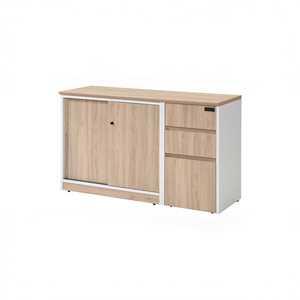 Mobiletto Moderno a Due Ripiani in Rovere Chiaro con Ante Scorrevoli e Cassetti, Credenza per Ufficio e Soggiorno, Organizzatore in Legno - Product Image 1