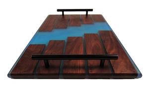 Flat Food Tray Acacia Wood & Resin Royal Wedding Gift Food Serving Tray with Metal Handle Factory <b>Restaurant</b> & <b>Hotel</b> <b>Supplies</b> - Product Image 2