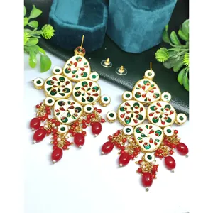 Grandes boucles d'oreilles pendantes en perles rouges Kundan pour femmes, accessoire de mode - Product Image 2
