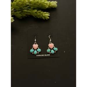 Boucles d'oreilles pendantes Navajo multicolores en pierres et turquoise, saphir en forme de cœur, plaqué or 18 carats, argent sterling - Product Image 1