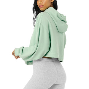 Sudadera corta con capucha de manga larga y forro polar de algodón de Color sólido personalizada para mujer - Product Image 4