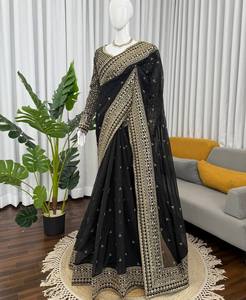 Sari Negro Bordado Pesado para Mujer, Sari de Georgette Premium con Borde Dorado y Blusa, Perfecto para Fiestas y Bodas - Product Image 1