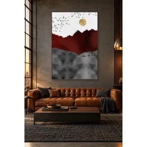 Impresión en lienzo de las montañas de Fida Burgundy con luna dorada y rebaño de pájaros - Product Image 2