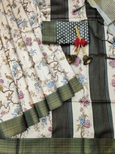 Nouvel arrivage de chemisier sari en soie douce tussar avec corps imprimé jal et bordure tissée ghicha tussar pallu et zari à vendre - Product Image 4