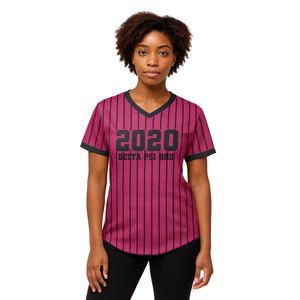 Año de Fundación 2020 Delta Psi Rho Sorority Pink Pinstripe Pullover Jersey de béisbol 100 Malla de poliéster Cuello en V Knit Rib T Shirt - Product Image 1