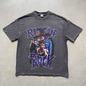 T-shirt décontracté pour homme style rétro 100 % coton délavé, coupe ample, imprimé, design uni, sérigraphie, anti-plis, tendance streetwear américaine - Product Image 1