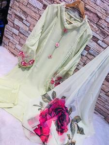 New Multi Color Pakistani Georgette <b>Kurtis</b> with Heavy Santoon Inner with Cotton Pent and Chiffon Digital Print Duppata - Product Image 4