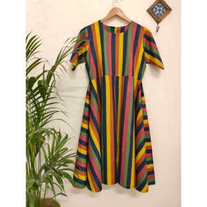 Rainbow Striped Fit and Flare <b>Dress</b> 100% Cotton Elegant Modest Style <b>Applique</b> Decor Sizes XS-6XL - Product Image 5