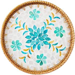 Bandeja de Servicio de Ratán, Mesa de Centro, Bandejas de Servicio con Incrustaciones de Nácar, Decoración Boho, Bandeja de Mimbre Tejida Decorativa, OEM ODM - Product Image 5