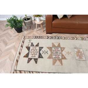 3.37x10.1 ft Vintage <b>Wool</b> Turkish Runner Rug <b>Brown</b> White Floral Patchwork Design with Latex Backing - Product Image 2