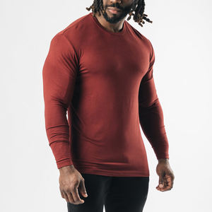 T-shirts de sport à manches longues en coton et élasthanne pour hommes, logo personnalisé, motif uni, ourlet arrondi, fitness, course à pied rapide - Product Image 4