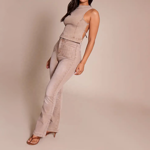 Top vaquero corto sin mangas para mujer, de cuello alto, ajustado, de color liso, estilo casual, con efecto desgastado, sin espalda, de primavera, personalizado y de moda. - Product Image 4