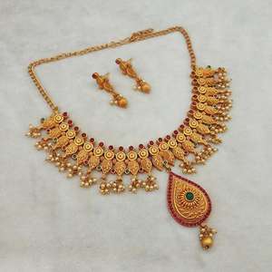 Shubham <b>Fine</b> <b>Jewelry</b> <b>Set</b> Maroon and Green Pota Stone Copper Necklace-FBK0025A - Product Image 1