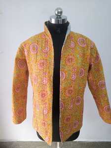 แจ็คเก็ตบุผ้าคอตตอนแท้สำหรับผู้หญิงแจ็กเก็ตผ้าปะสำหรับฤดูหนาวพิมพ์ลายบล็อกด้วยมือทำจากผ้าฝ้ายอินเดีย - Product Image 4