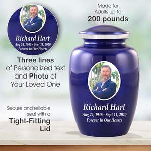 Urna de cremación de metal azul de tamaño personalizado, foto personalizada, hombre adulto, mujer, cenizas, entierro, hecho a mano, tamaño personalizado, azul - Product Image 6