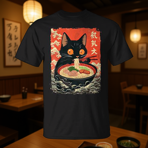 T-shirt unisexe pour adulte à manches courtes et col rond avec impression numérique, motif chat Neko mangeant des nouilles ramen, style anime kawaii japonais - Product Image 3