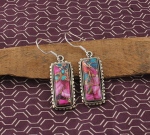 Pendientes de piedras preciosas rectangulares hechos a mano, Pendientes colgantes bohemios de Plata de Ley 925 con incrustaciones de turquesa rosa y cobre - Product Image 2