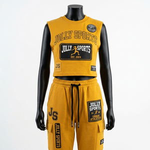 Ensemble de vêtements pour femmes, t-shirt sans manches en coton premium 200 GSM, pantalon cargo, jaune moutarde, logo imprimé personnalisé - Product Image 1