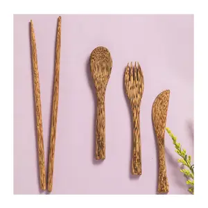 便宜的价格生态项目椰子勺子和叉子套装木质厨房餐具套装定制尺寸和标志
