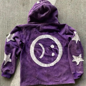 2024 algodón Denim personalizado 100% algodón francés Terry parche desgastado bordado Streetwear Zip Up Sudadera con capucha - Product Image 6