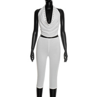 Ensemble haut et pantalon capri à revers pour femme J25ST484, collection printemps/été, uni, ajouré, dos nu, taille haute, à lacets