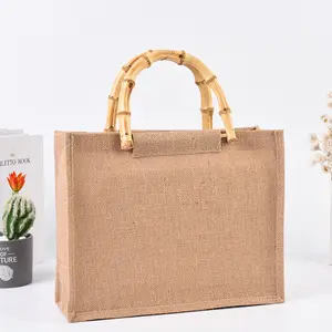 Custom Logo Eco Reusable Burlap Shopping Bag Jute Tote Bag Bamboo Handle