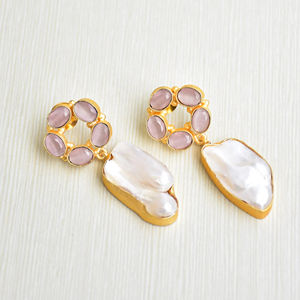 Bulk Brass <b>Hoop</b> <b>Earrings</b> Natural Pearl Natural Semi Precious Stone Satin Brass Finish Unique Designer Pattern High Quality - Product Image 4