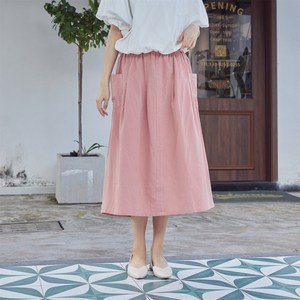 กระโปรงผ้าฝ้ายทรงเอจีบกระโปรงเอวยางยืดลำลองทรงหลวมกระโปรงบาน - Product Image 1