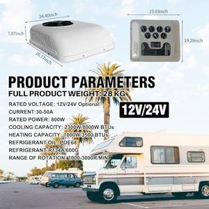 คอมเพรสเซอร์โรตารี่แบบคู่พัดลมไร้แปรงถ่าน DC 12V/24V เครื่องปรับอากาศคาราวานบนหลังคาสำหรับที่จอดรถอัตโนมัติรถบรรทุกคาราวานไปยังยุโรป