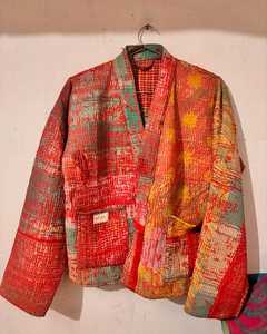 เสื้อคลุมผ้าฝ้ายสไตล์วินเทจสำหรับสตรีสไตล์โบฮีเมียน Kantha กิโมโนแจ็กเก็ตพร้อมคอตั้งดีไซน์ทอและพิมพ์ลาย - Product Image 2