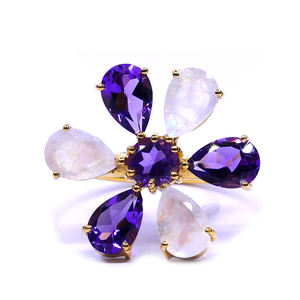 Wedding Wear 925 Sterling Silver <b>Gold</b> Plated Vermeil Amethyst <b>White</b> Rainbow Moonstone Gemstone Classic <b>Ring</b> - Product Image 1