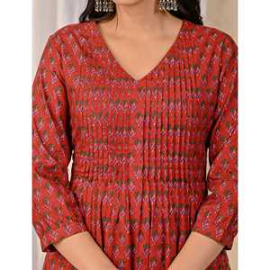 Conjunto de Kurta y Pantalón de Algodón Rojo con Estampado Étnico Indio y Bordado en Tela de Red para Niñas, Ideal para Fiestas - Product Image 2