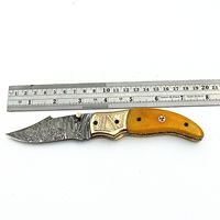 Couteau pliant artisanal industriel ZR ZT-F10 en acier Damas, manche en os de chameau jaune, étui en cuir, support OEM, lame en acier